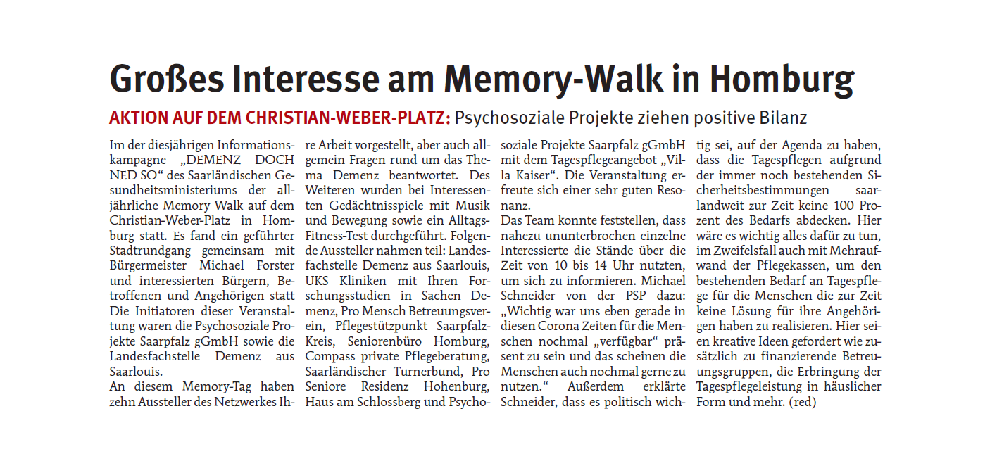 Hier zu sehen ist der Presseartikel "Großes Interesse am Memory-Walk in Homburg"