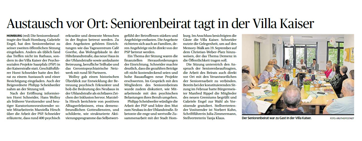 Hier zu sehen der Presseartikel - "Austausch vor Ort: Seniorenbeirat tagt in Villa Kaiser", SZ vom 04.08.2025