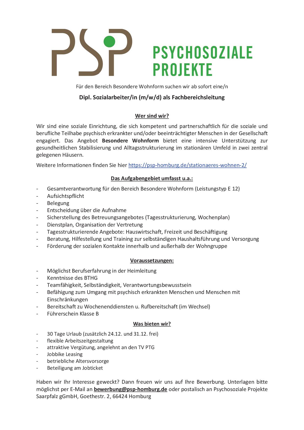 Hier zu sehen ist die Stellenausschreibung Dipl. Sozialarbeiter/in (m/w/d) als Fachbereichsleitung