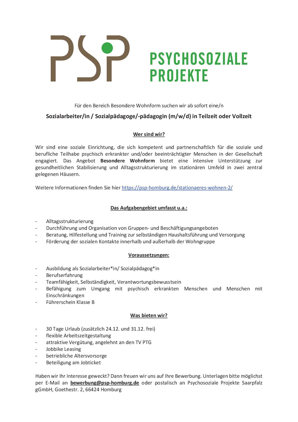 Hier zu sehen ist die Stellenausschreibung Sozialarbeiter/in / Sozialpädagoge/-pädagogin (m/w/d) in Teilzeit oder Vollzeit